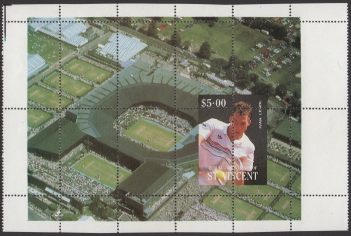 1988 Saint Vincent Bequia Tennis Players Souvenir Sheet with Perforation Error and Missing Color Error 1988 Saint Vincent Bequia Tennis Players Souvenir Sheet with Perforation Error and Missing Color Error
